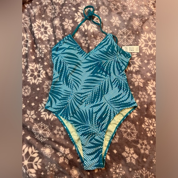 Women's Blue Tropical V-Neck Crossback One-Piece Size Large - Picture 5 of 9